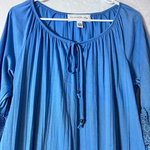 French Laundry large Blue Boho Peasant Tunic Top Lace Bell Sleeve Crochet Hem - Picture 7 of 7